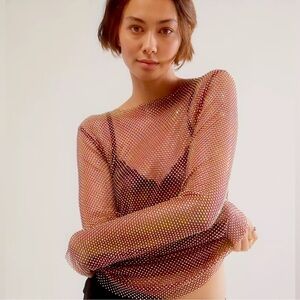 Free People intimately Filter Finish Ruby Red Long Sleeve Rhinestone Top